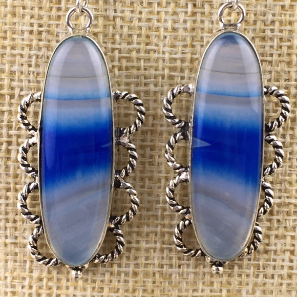 New Striped Blue Botswana Agate Large Stone Silver Hook Dangle Earrings - Picture 8 of 9